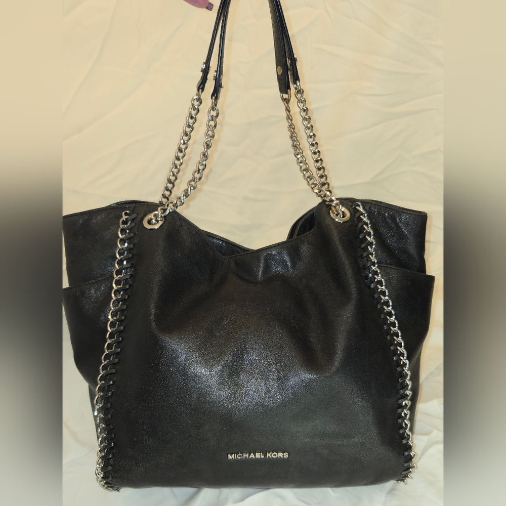 Michael Kors Black Leather Tote Silver Chain Shoulder Bag Large